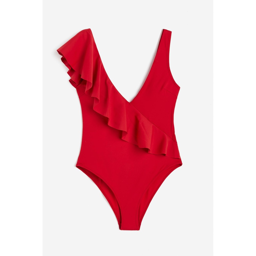 H&M Red Ruffle One-Shoulder Swimsuit V-Neck One Piece Bathing Suit XL‎